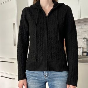 Black cashmere cable knit zip up hoodie